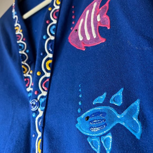 Vintage 90s Puffy Paint Glitter Tropical Fish Cardigan Sweatshirt - Picture 5 of 7
